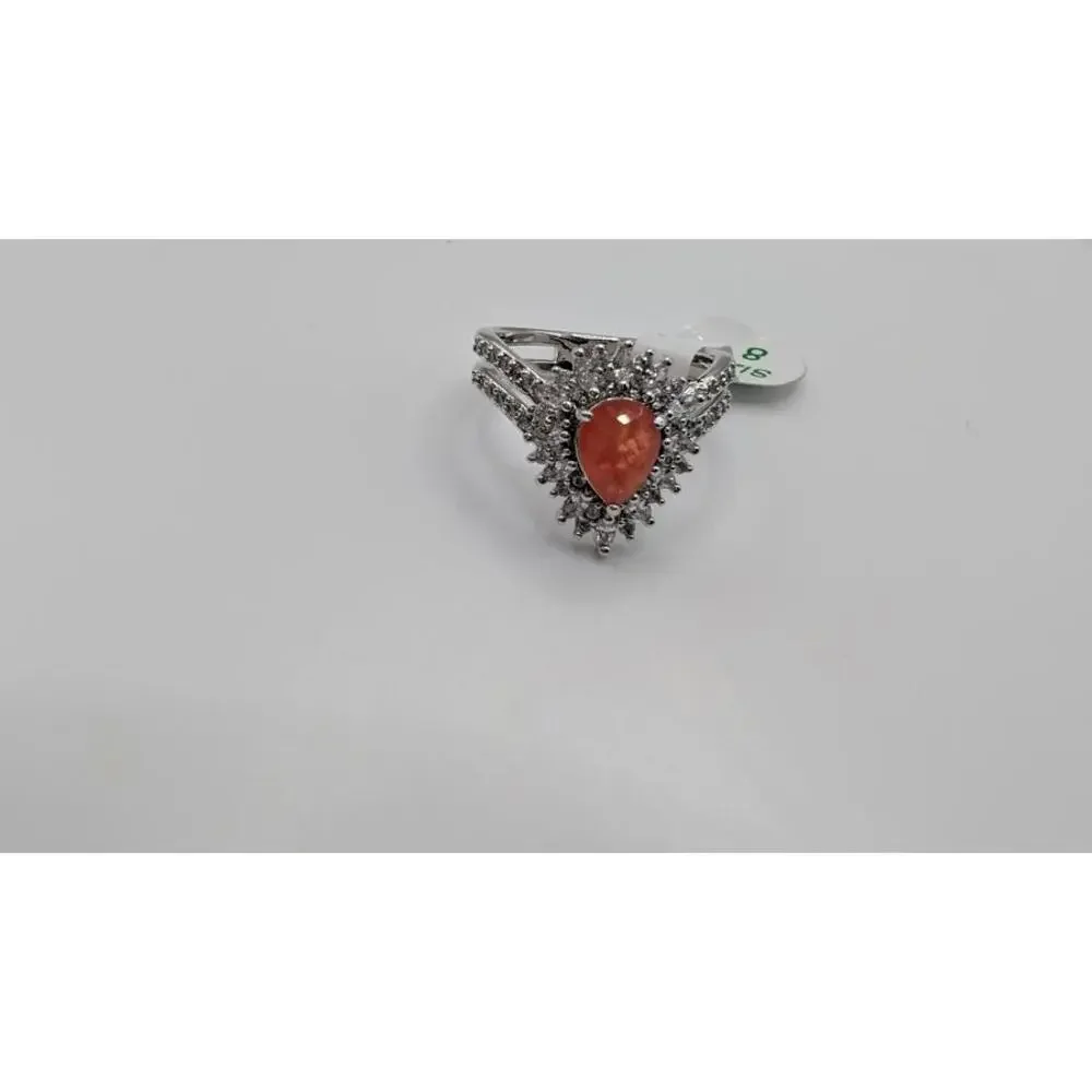 Silver Ring with Orange Gemstone and Clear Accent Stones, Size 8